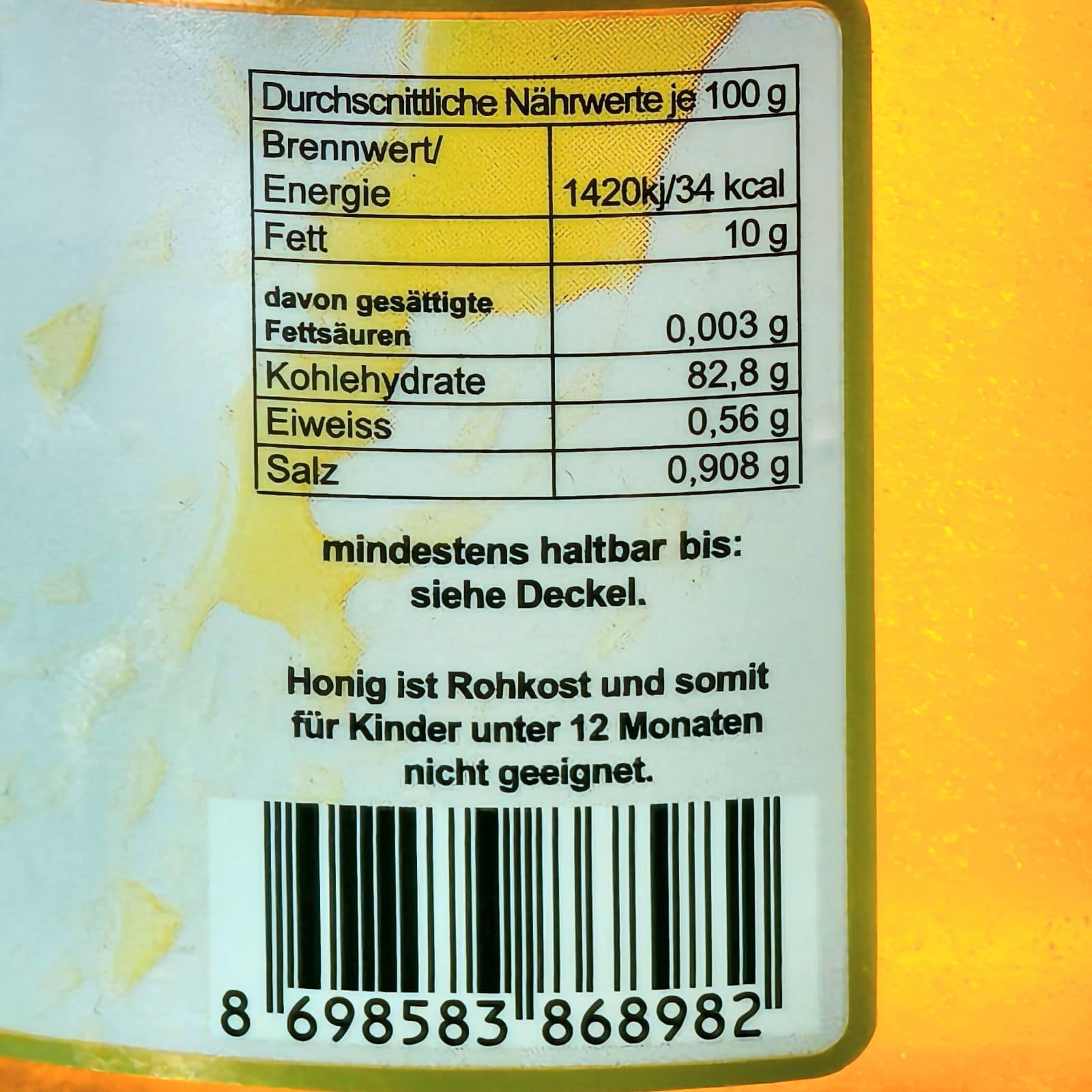 Detailansicht Bergwiesenhonig mit Nährwertangaben und EAN