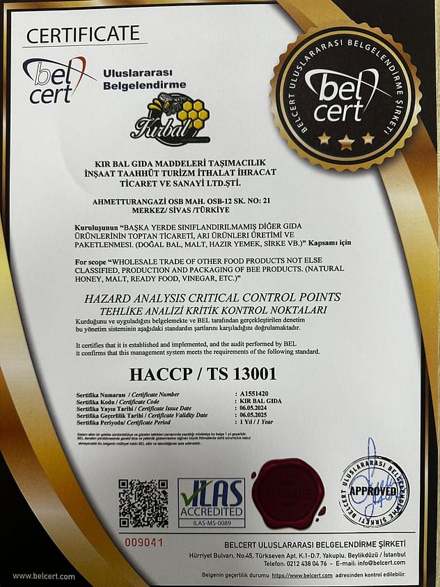 ZERTIFIKAT_HCCP Honigmond Gourmet HCCP Zertifizierung für Produzenten aus Anatolien (Türkei)